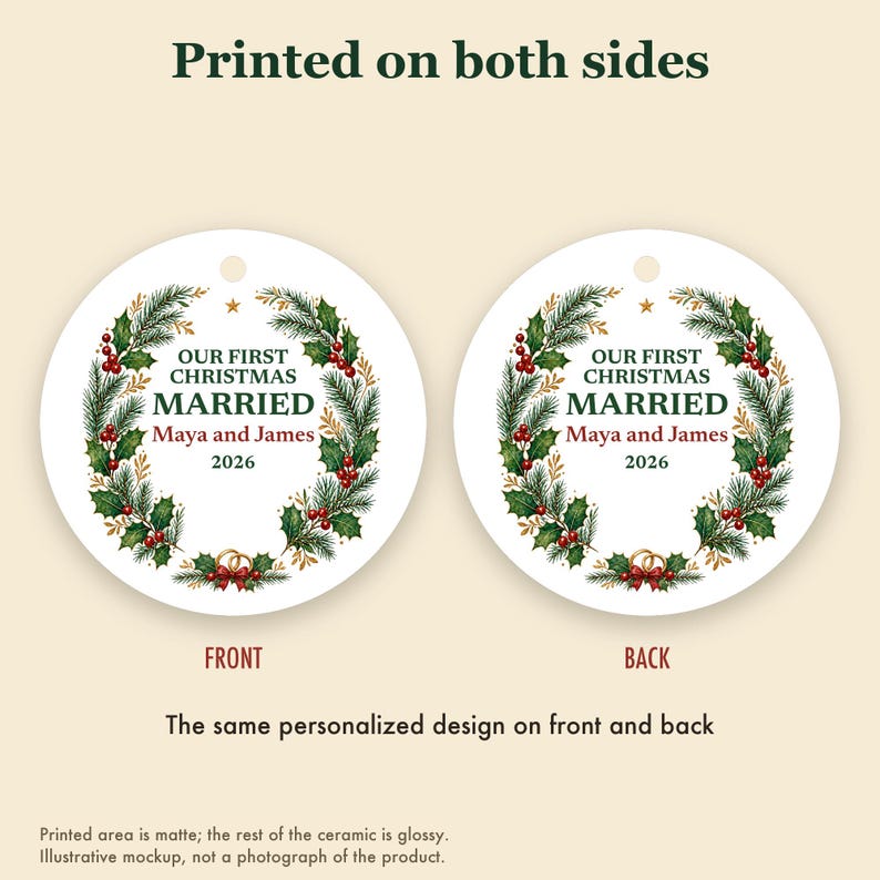 Adorno navideño "Primera Navidad de casados ​​2026", recuerdo de cerámica personalizado con los nombres de la pareja, Sr. y Sra., regalo de boda para recién casados. imagen 8