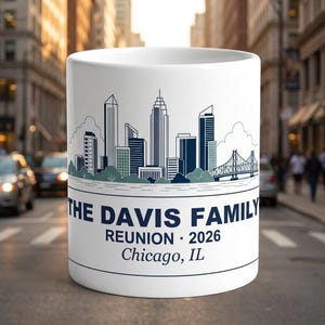 Gepersonaliseerde mok familiereünie, aangepaste koffiekop skyline stad, aandenken 2026 afbeelding 3