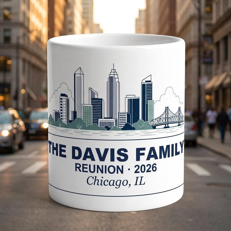 Gepersonaliseerde mok familiereünie, aangepaste koffiekop skyline stad, aandenken 2026 afbeelding 3
