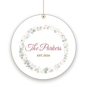 Pastel Wreath Family Name Ornament, Dainty Cursive Personalized Ceramic Keepsake image 2