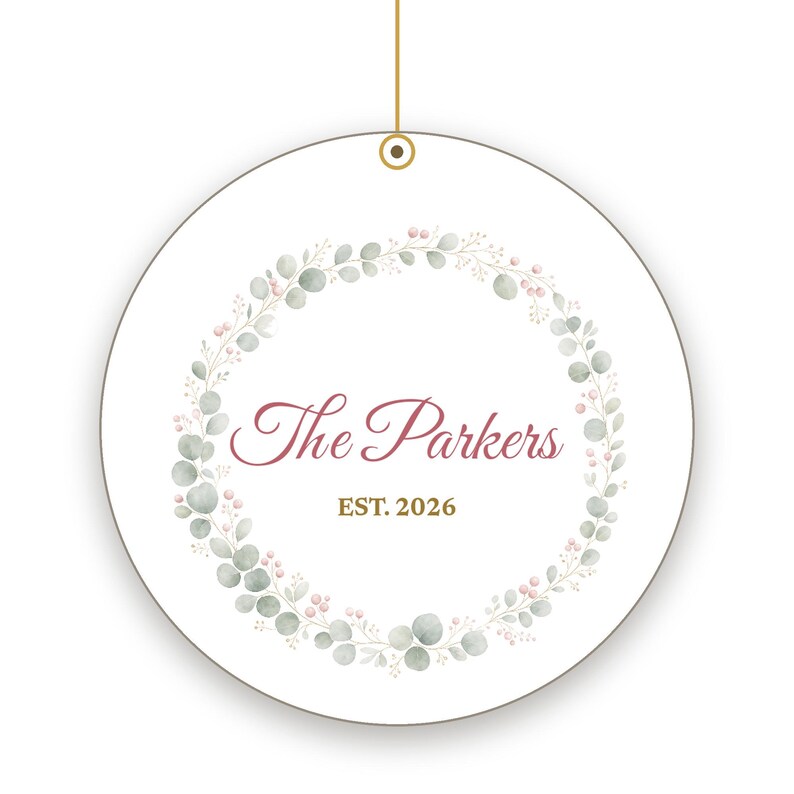 Pastel Wreath Family Name Ornament, Dainty Cursive Personalized Ceramic Keepsake image 2