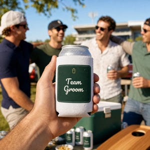 Portabevande personalizzato per addio al celibato/nubilato dello sposo con nome e data personalizzati, portabevande personalizzato con nome per lo sposo, bomboniera per la squadra dello sposo, regalo per gli amanti della birra immagine 1