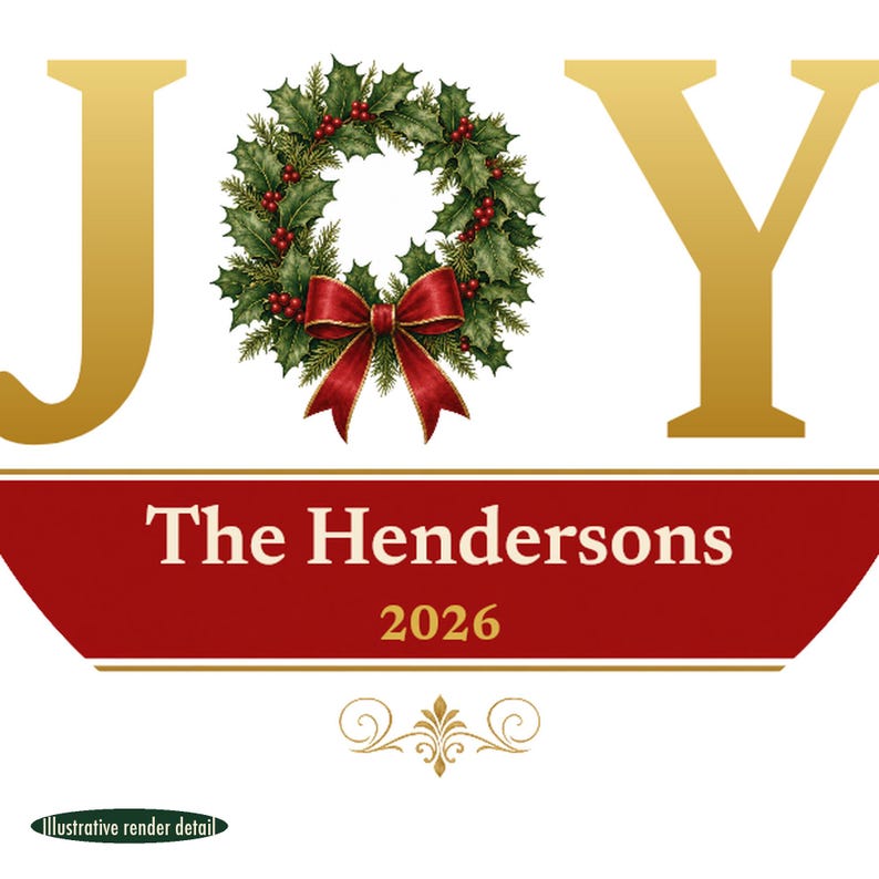 JOY Christmas Ornament Classic Red Gold, Holly Custom Family Name Ceramic Keepsake Bild 4
