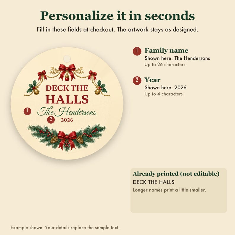 Deck the Halls Christmas Ornament, Classic Garland Custom Family Name Ceramic 2026 image 3