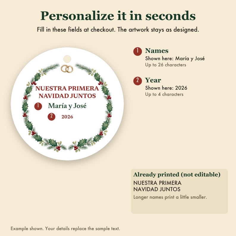 Nuestra Primera Navidad Juntos Ornament, Spanish Couple Names Ceramic Personalized 2026 afbeelding 3