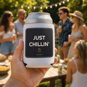 Funda enfriadora de latas de cerveza "Just Chillin" divertida, regalo ideal, soporte para bebidas relajante para fiestas, enfriador de barbacoa de verano para él, recuerdo de fiesta único imagen 1