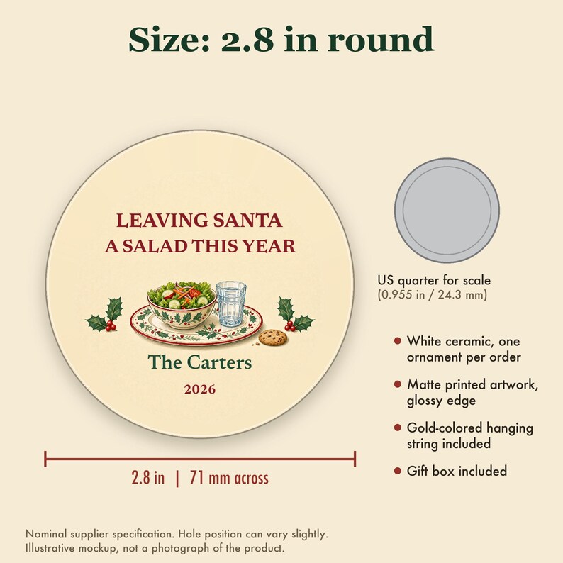 Funny Christmas Ornament, Leaving Santa a Salad This Year, GLP-1 Christmas Humor, Custom Name Ceramic image 5