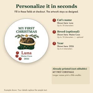 Cat's First Christmas Ornament 2026, Personalized Cat Name and Breed Ceramic Keepsake imagen 3