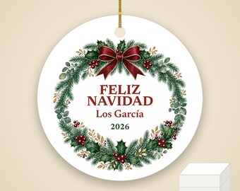 Feliz Navidad Family Name Ornament, Personalized Ceramic Keepsake