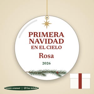 Primera Navidad en el Cielo Ornament, Spanish Memorial Remembrance Ceramic Personalized imagem 1