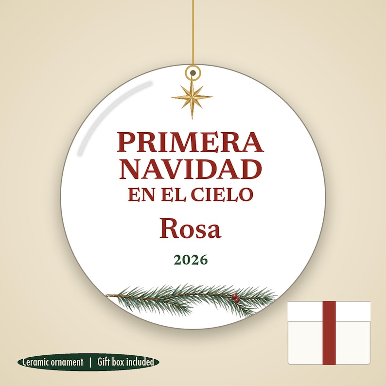 Primera Navidad en el Cielo Ornament, Spanish Memorial Remembrance Ceramic Personalized imagem 1