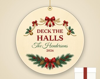 Deck the Halls Christmas Ornament, Classic Garland Custom Family Name Ceramic 2026