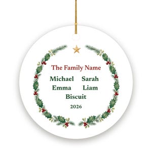Family Christmas Ornament with Names 2026, Personalized Family Name and Up to 6 Member Names Ceramic Keepsake image 2