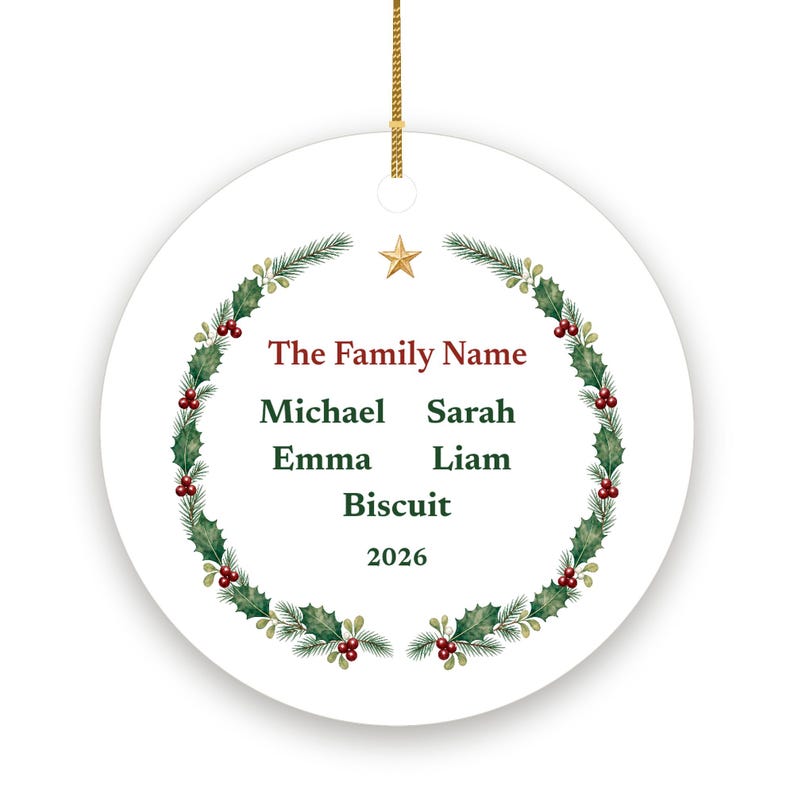 Family Christmas Ornament with Names 2026, Personalized Family Name and Up to 6 Member Names Ceramic Keepsake image 2