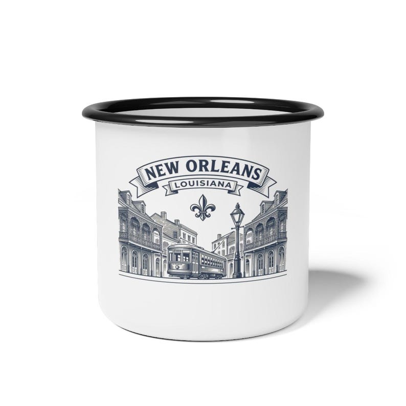 Personalized New Orleans Family Reunion Enamel Campfire Mug, Custom Name French Quarter Coffee Cup, Reunion Gift, 2026 Keepsake, Shipping image 1