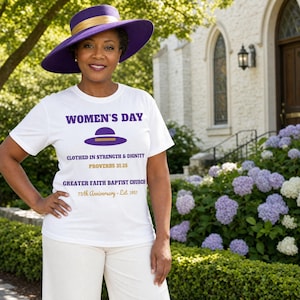 Affordable Women's Day Church Shirt Personalized | Purple and Gold, Custom Church Name & Year bild 1