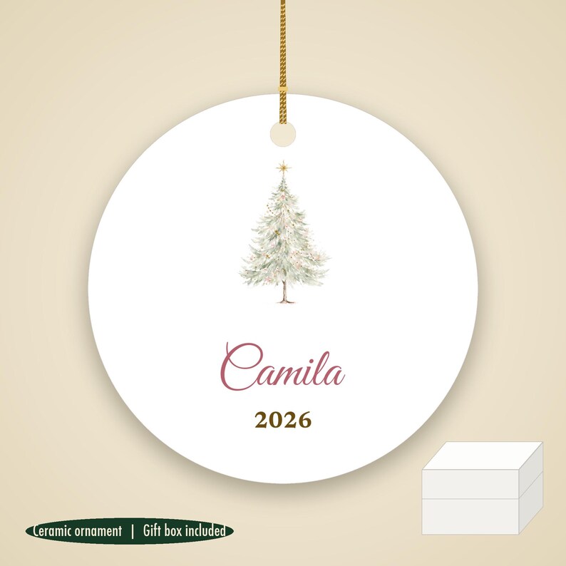Dainty Christmas Tree Ornament Personalized, Pastel Cursive Name Ceramic Keepsake zdjęcie 1