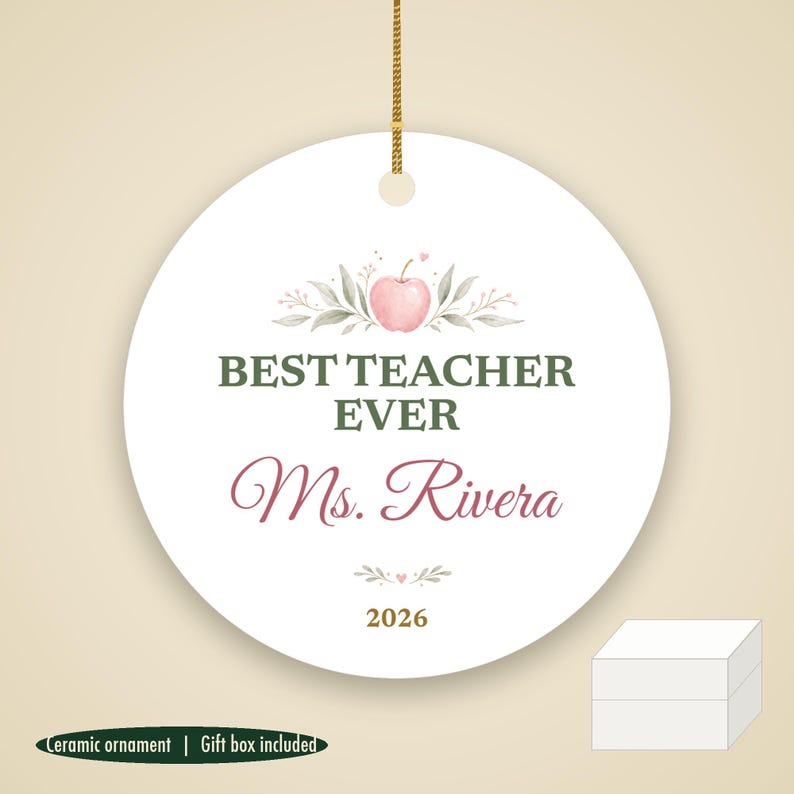 Best Teacher Ever Ornament Pastel, Dainty Apple Cursive Name Ceramic Gift 2026 画像 1