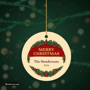 Adorno navideño clásico de acebo, Feliz Navidad, Nombre de la familia, Cerámica roja y dorada 2026 imagen 6