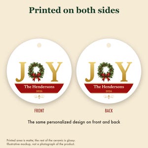 JOY Christmas Ornament Classic Red Gold, Holly Custom Family Name Ceramic Keepsake Bild 8