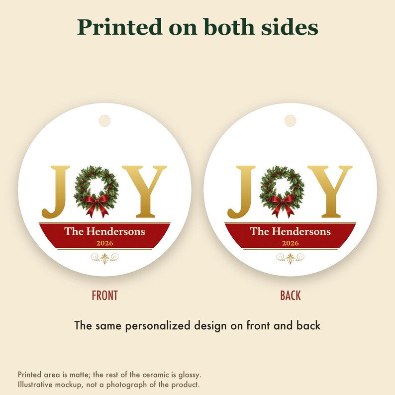 JOY Christmas Ornament Classic Red Gold, Holly Custom Family Name Ceramic Keepsake Bild 8