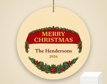 Classic Holly Christmas Ornament, Merry Christmas Family Name Red Gold Ceramic 2026