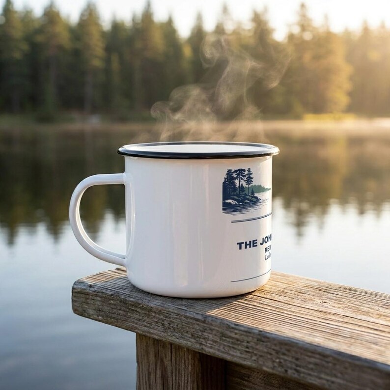 Personalisierte Familientreffen Emaille Tasse, Haus am See 2026 Camp Cup, Benutzerdefinierte Urlaubsandenken Bild 4