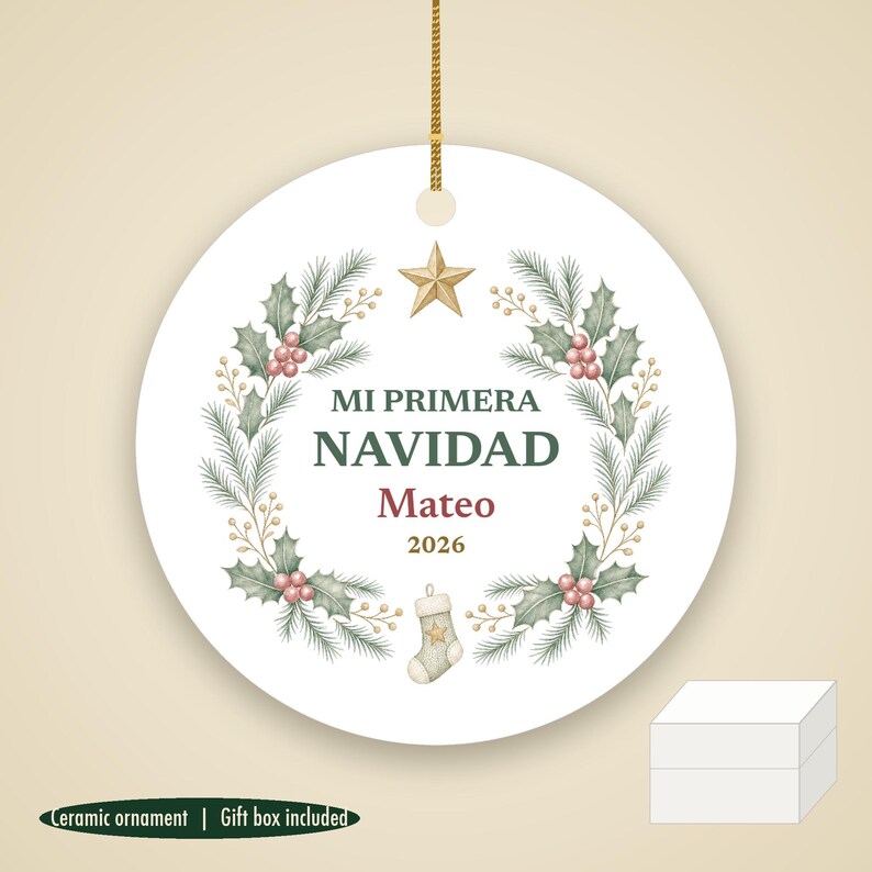 Mi Primera Navidad Baby Ornament, Spanish First Christmas Custom Name Ceramic 2026 immagine 1