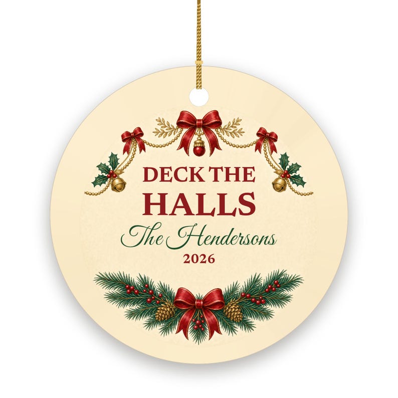 Deck the Halls Christmas Ornament, Classic Garland Custom Family Name Ceramic 2026 image 2