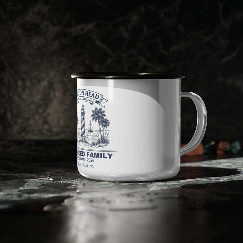 Personalisierte Emaille-Tasse für das Familientreffen 2026 auf Hilton Head, Erinnerungstasse für den Strandurlaub in den Low Country, personalisiertes Geschenk mit passendem Namen, Geschenk für das Familientreffen Bild 3