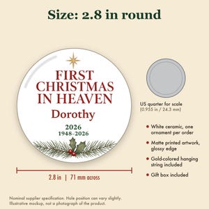 First Christmas in Heaven Ornament Personalized, Memorial Remembrance Ceramic Keepsake image 5