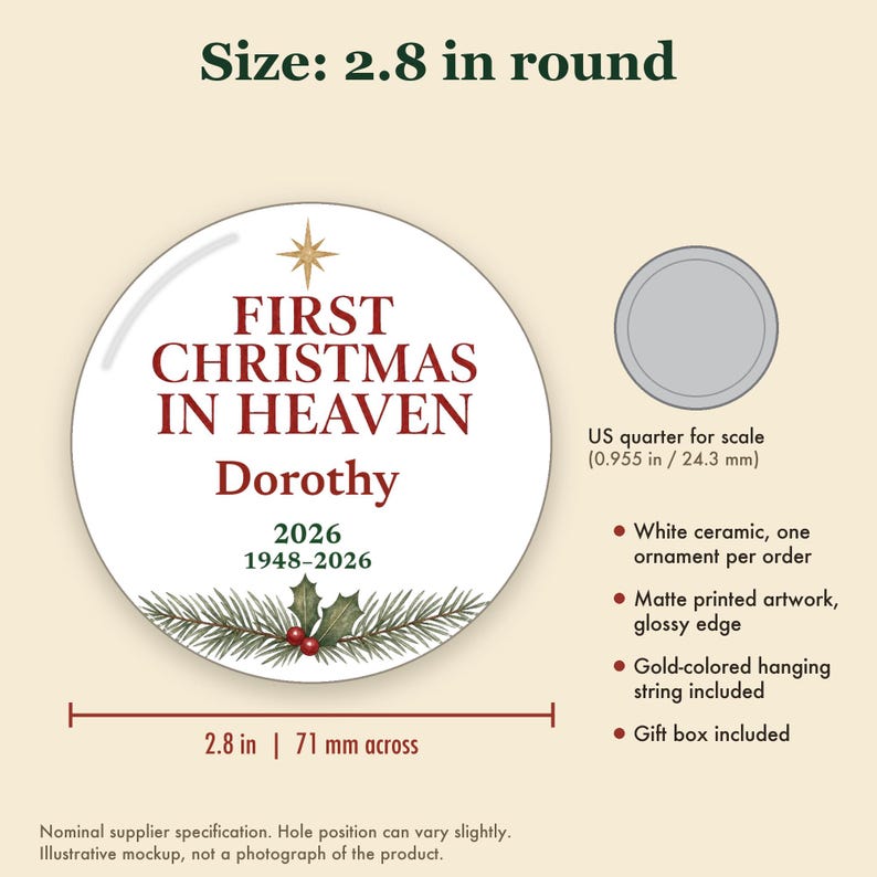 First Christmas in Heaven Ornament Personalized, Memorial Remembrance Ceramic Keepsake image 5