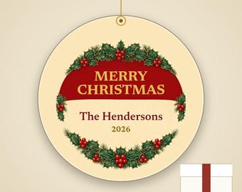 Classic Holly Christmas Ornament, Merry Christmas Family Name Red Gold Ceramic 2026