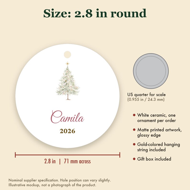 Dainty Christmas Tree Ornament Personalized, Pastel Cursive Name Ceramic Keepsake zdjęcie 5