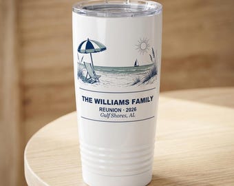 Personalisierter Becher für das Familientreffen 2026, Strandbecher mit individuellem Namen, 590 ml isoliert, passendes Geschenk für den Familienurlaub, Erinnerungsstück für das Treffen