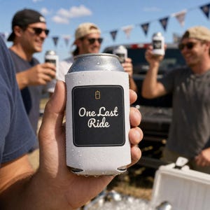 One Last Ride Bachelor Party Koozie, Personalized Can Cooler for Groom, Custom Name & Date Beer Sleeve, Party Favor, Engraved Gift for Him image 1