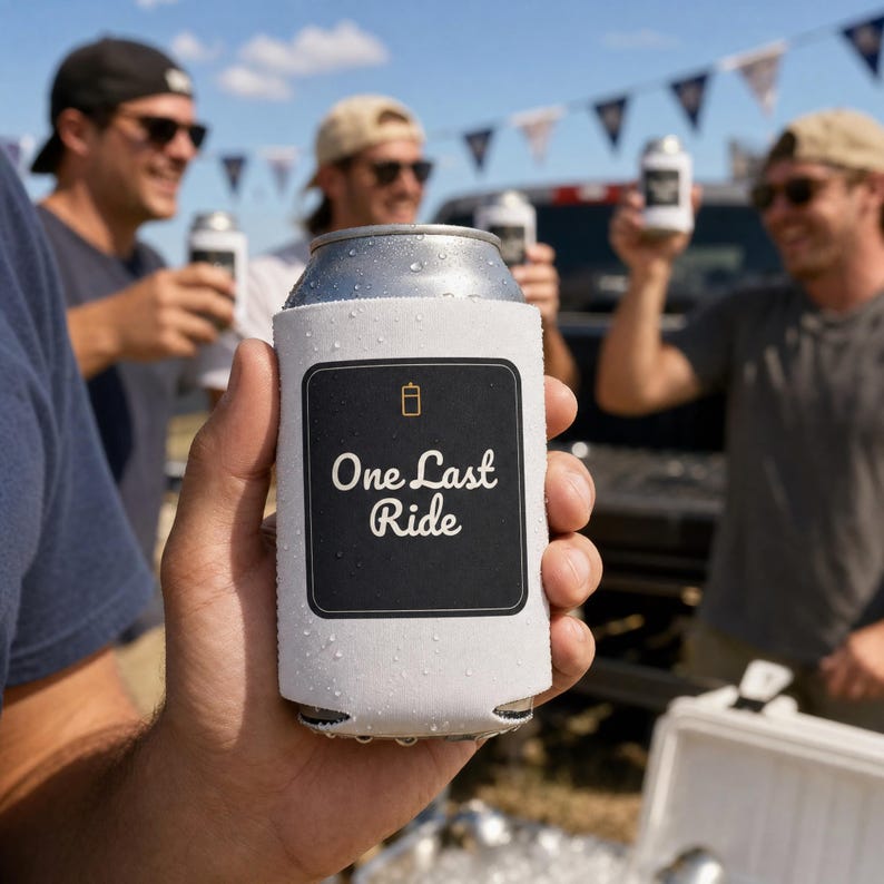 One Last Ride Bachelor Party Koozie, Personalized Can Cooler for Groom, Custom Name & Date Beer Sleeve, Party Favor, Engraved Gift for Him image 1