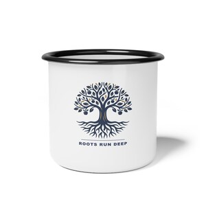 Taza personalizada para reunión familiar, taza de café esmaltada con el lema "Raíces profundas", regalo personalizado para la reunión familiar de 2026, recuerdo de la reunión familiar, taza para acampar. imagen 3