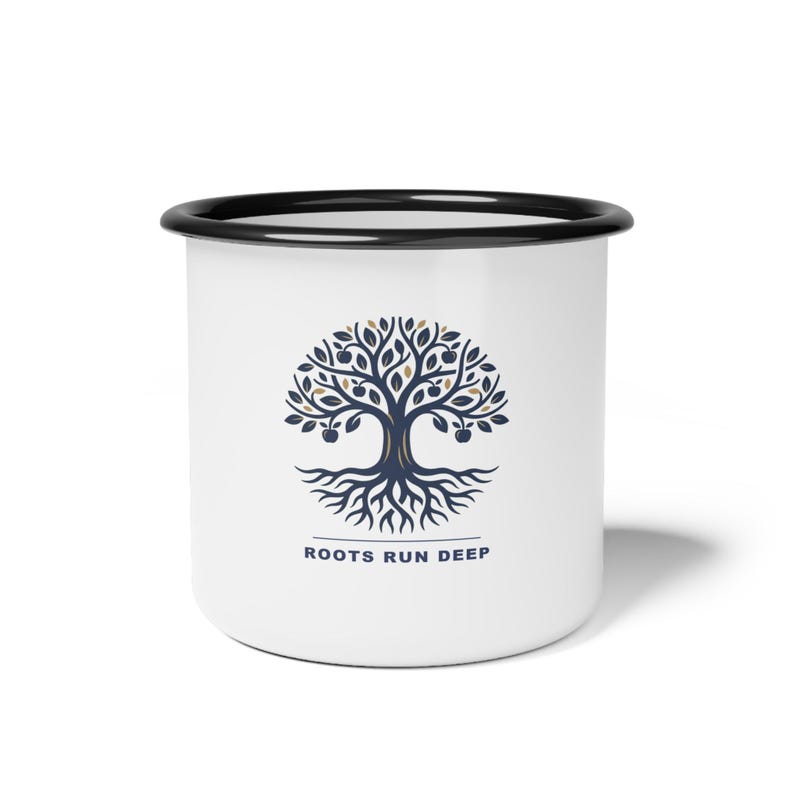 Taza personalizada para reunión familiar, taza de café esmaltada con el lema "Raíces profundas", regalo personalizado para la reunión familiar de 2026, recuerdo de la reunión familiar, taza para acampar. imagen 3