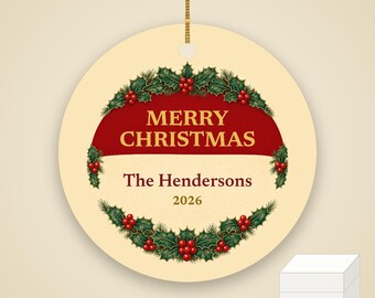 Classic Holly Christmas Ornament, Merry Christmas Family Name Red Gold Ceramic 2026