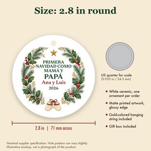 Primera Navidad Como Mama y Papa Ornament 2026, Spanish New Parents Names Ceramic Keepsake, Regalo Bebe image 5