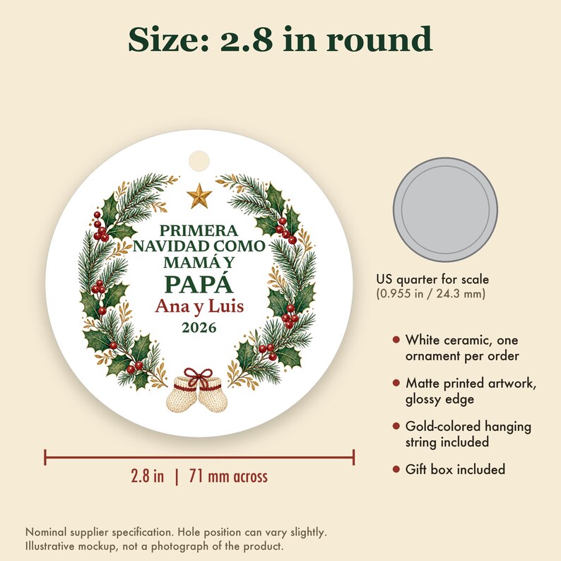 Primera Navidad Como Mama y Papa Ornament 2026, Spanish New Parents Names Ceramic Keepsake, Regalo Bebe image 5