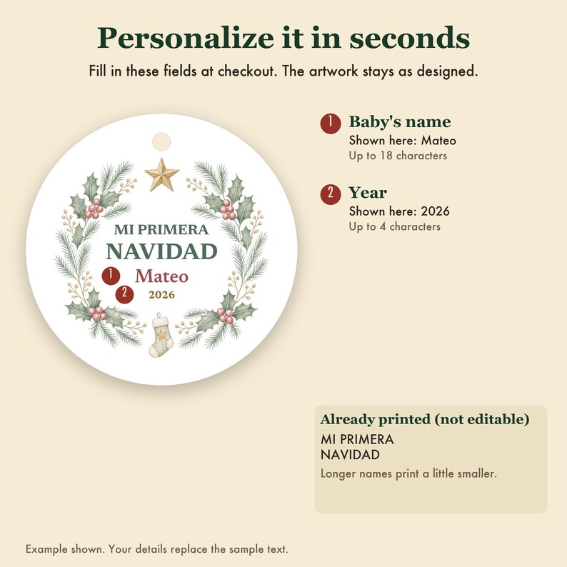 Mi Primera Navidad Baby Ornament, Spanish First Christmas Custom Name Ceramic 2026 immagine 3