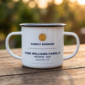 Personalized Family Reunion Enamel Camp Mug, Custom Coffee Keepsake (12oz) image 1
