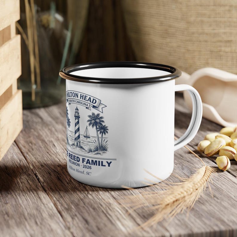 Personalisierte Emaille-Tasse für das Familientreffen 2026 auf Hilton Head, Erinnerungstasse für den Strandurlaub in den Low Country, personalisiertes Geschenk mit passendem Namen, Geschenk für das Familientreffen Bild 4