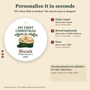 Dog's First Christmas Ornament 2026, Personalized Dog Name and Breed Ceramic Keepsake, New Puppy Gift image 3