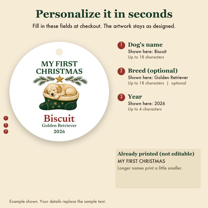 Dog's First Christmas Ornament 2026, Personalized Dog Name and Breed Ceramic Keepsake, New Puppy Gift image 3