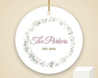 Pastel Wreath Family Name Ornament, Dainty Cursive Personalized Ceramic Keepsake