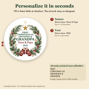 First Christmas as Grandma and Grandpa Ornament 2026, Personalized New Grandparents Names Ceramic Keepsake image 3