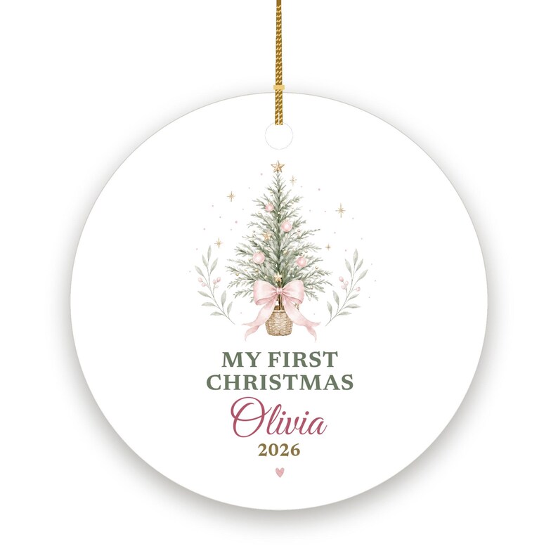My First Christmas Ornament Pastel, Dainty Tree Cursive Baby Name Ceramic 2026 afbeelding 2